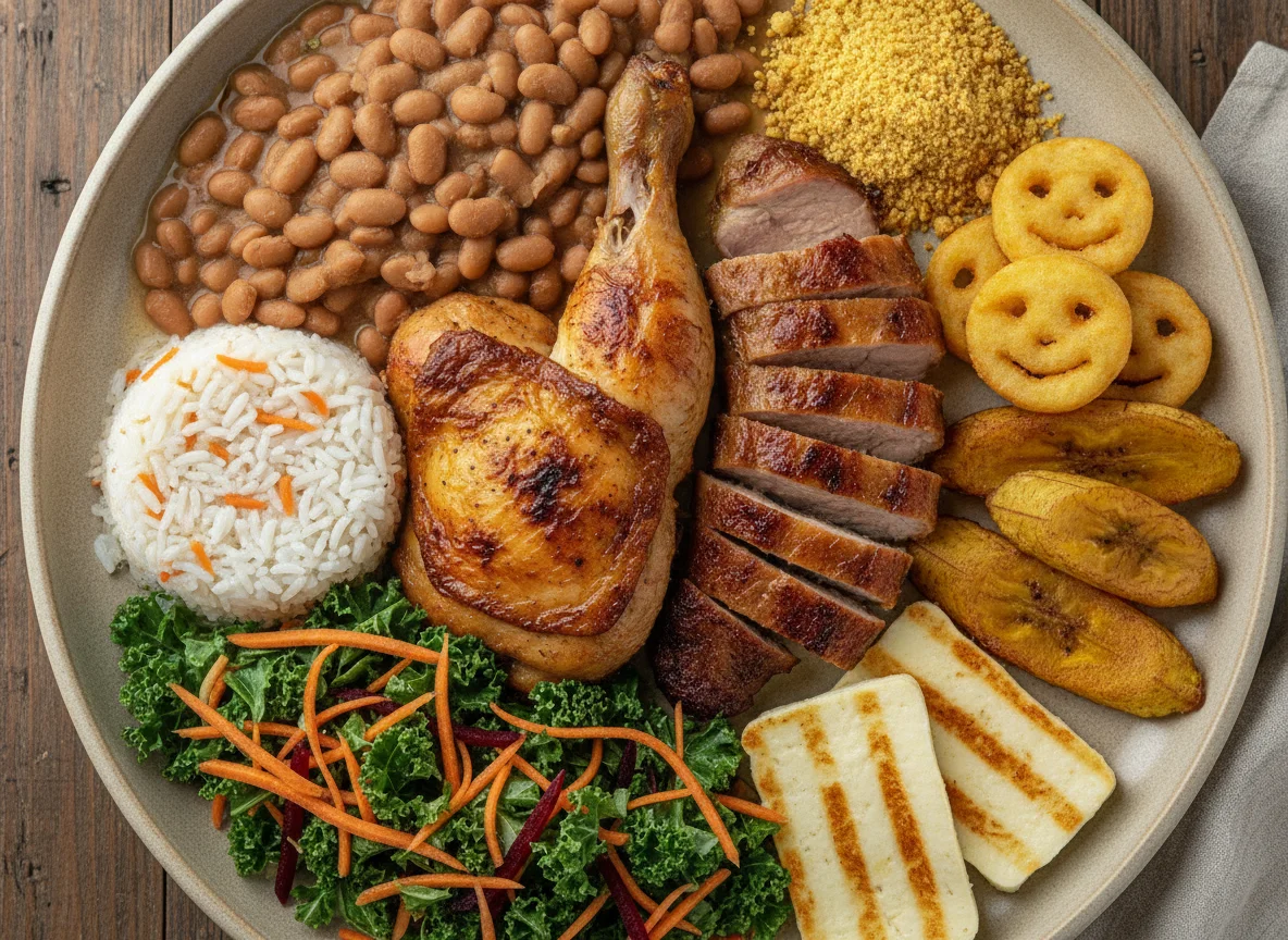 Prato Feito Brasileiro com Frango, Porco e Acompanhamentos photo