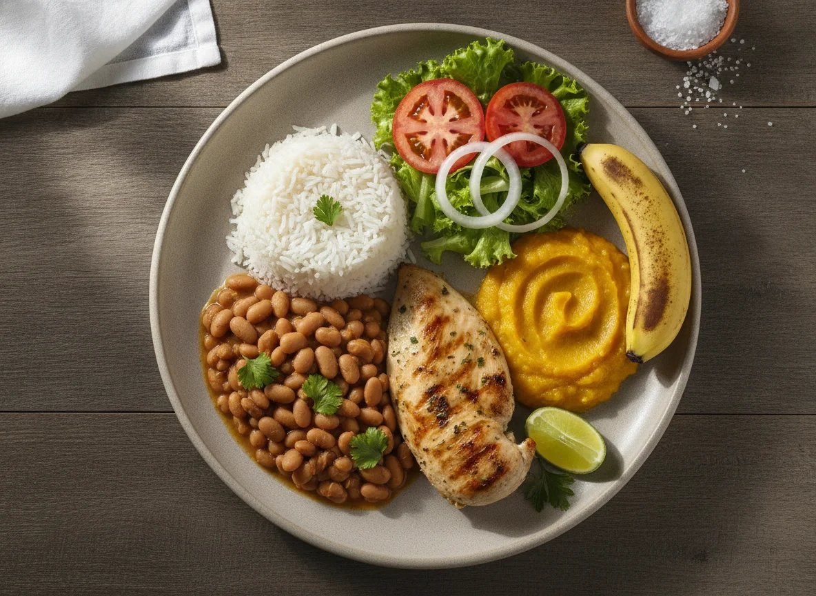 Prato Feito Brasileiro com Frango, Purê de Abóbora e Banana photo