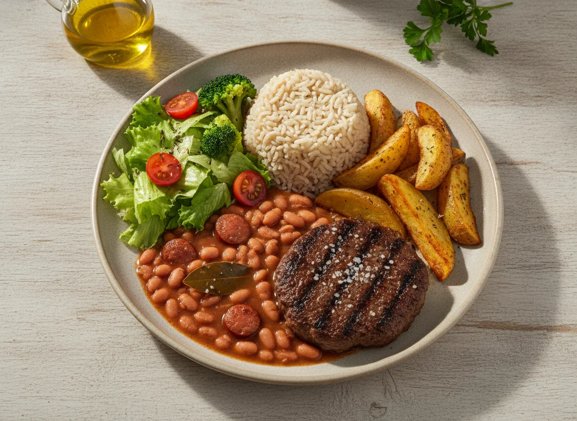 Prato feito brasileiro com hambúrguer, arroz, feijão, batata rústica e salada photo