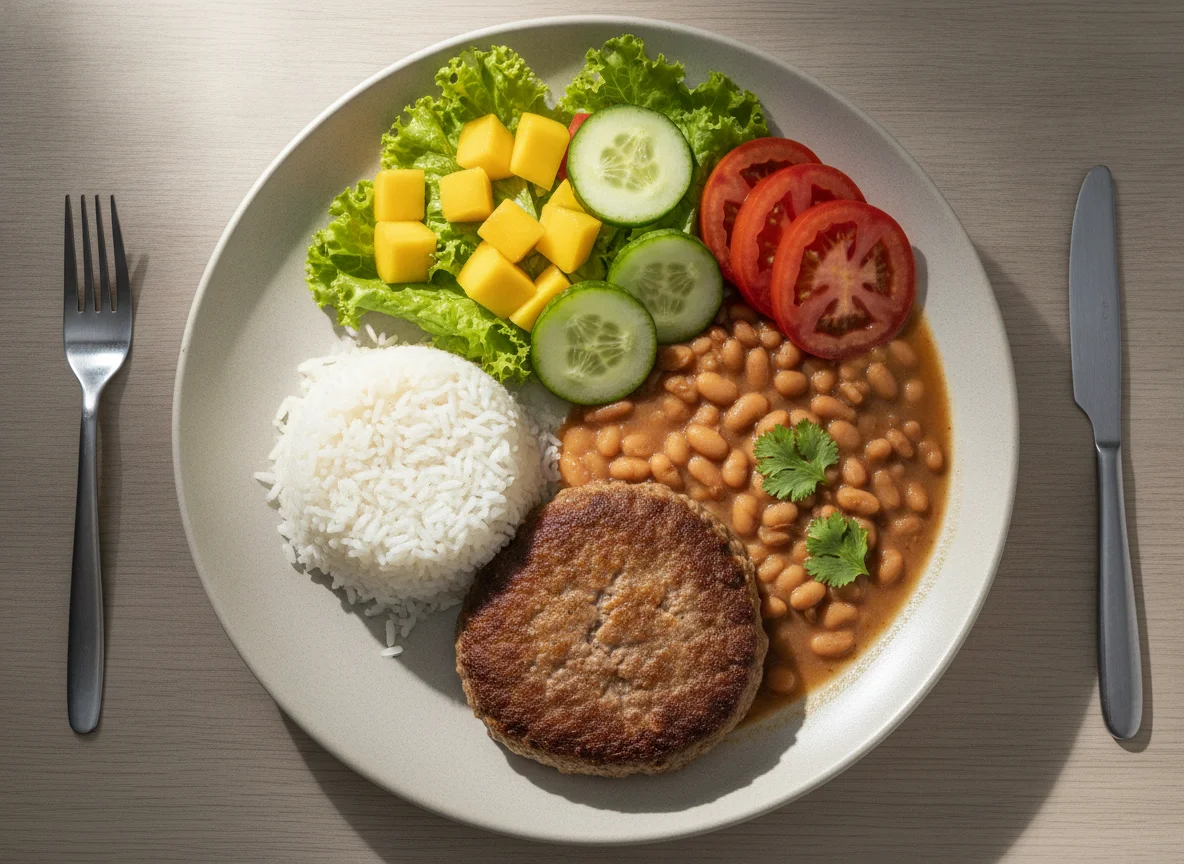 Prato feito brasileiro com hambúrguer caseiro, arroz, feijão e salada de manga photo