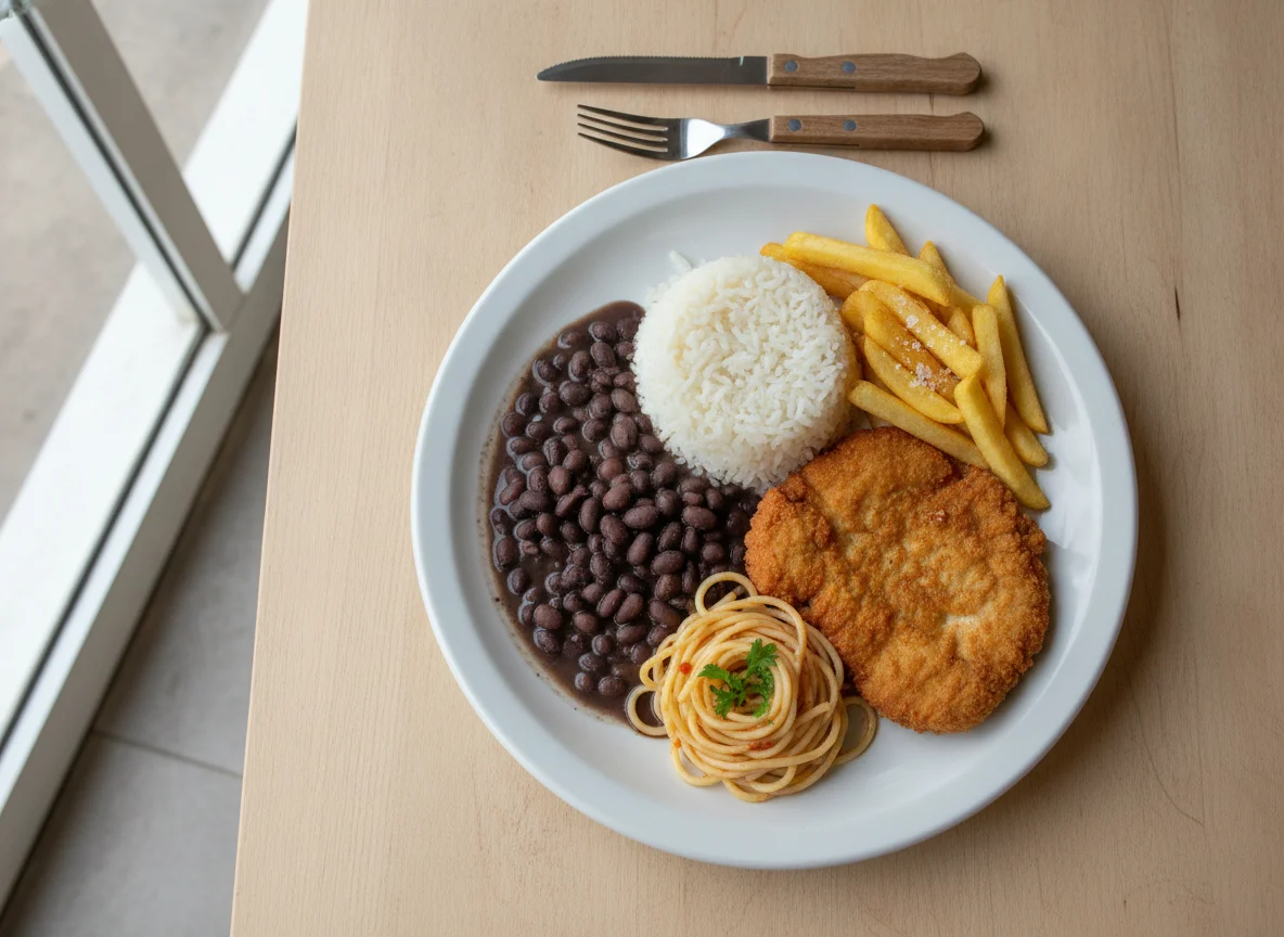 Prato Feito Brasileiro com Hambúrguer de Frango photo