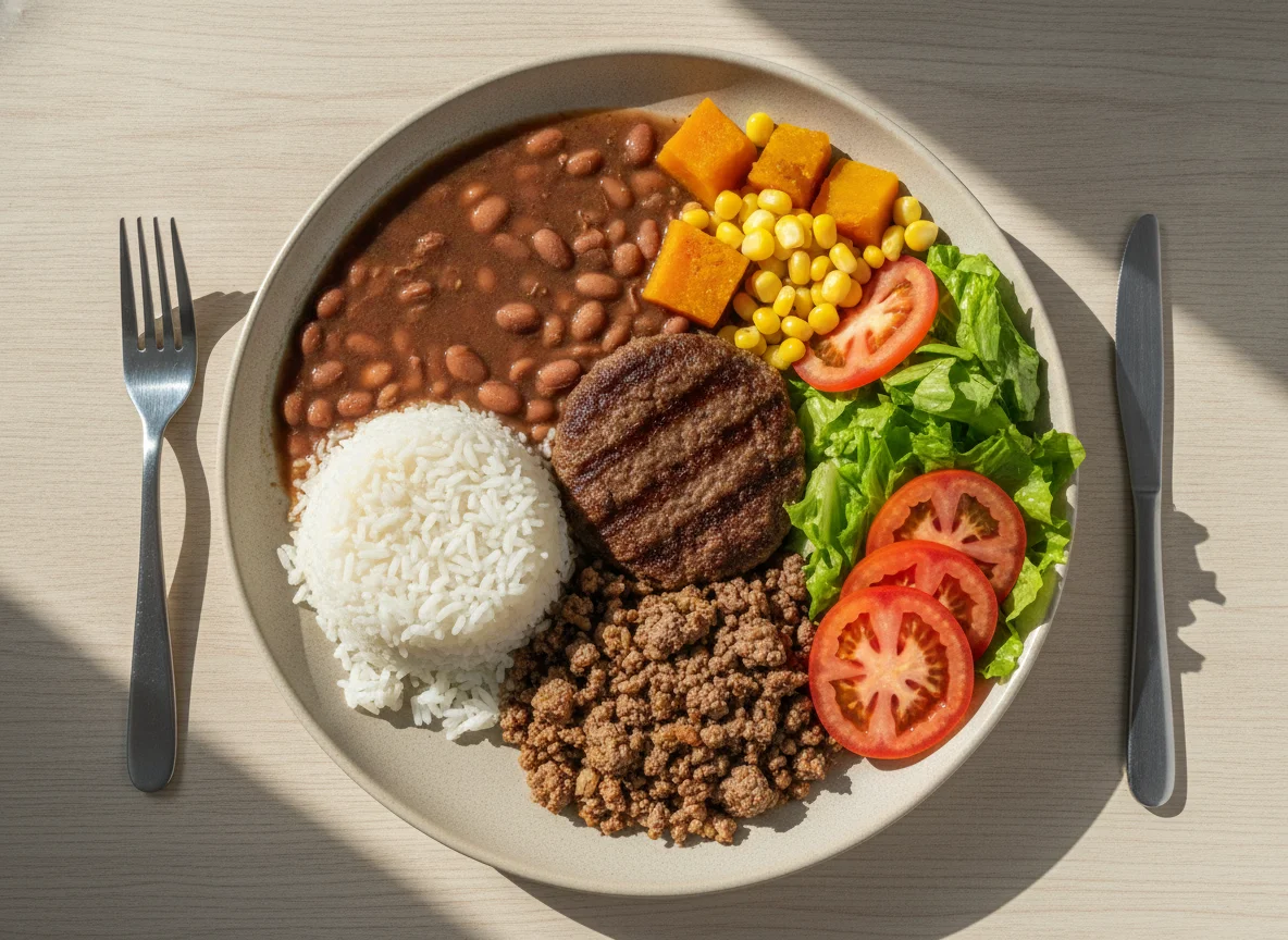 Prato feito brasileiro com hambúrguer e carne moída photo
