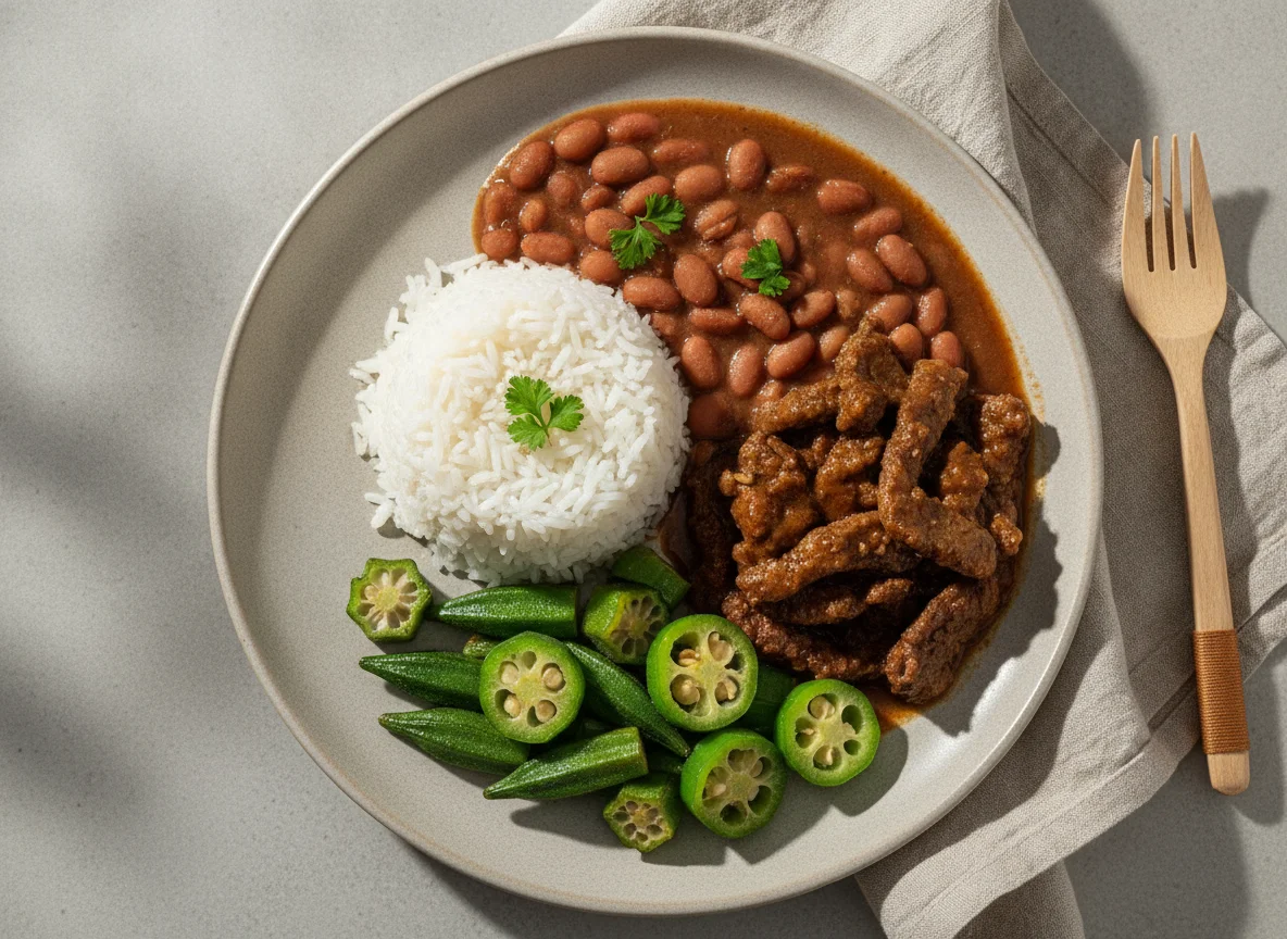 Prato Feito Brasileiro com Iscas de Carne, Quiabo e Jiló photo