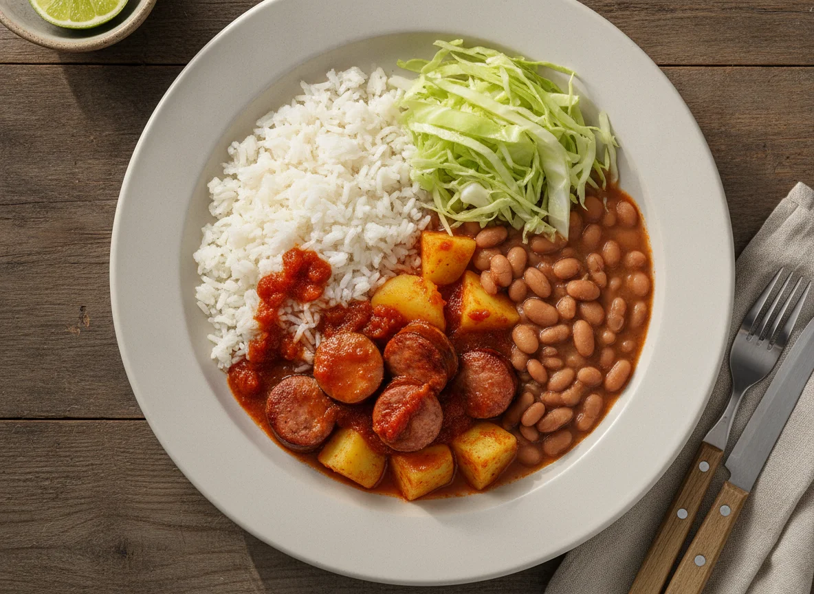 Prato feito brasileiro com linguiça, arroz, feijão, batata e repolho photo