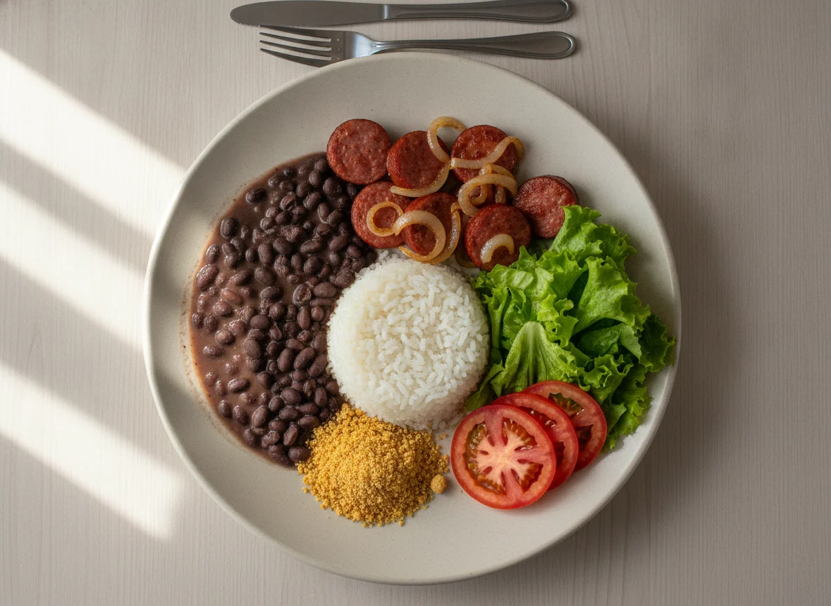 Prato feito brasileiro com linguiça, arroz, feijão e salada photo