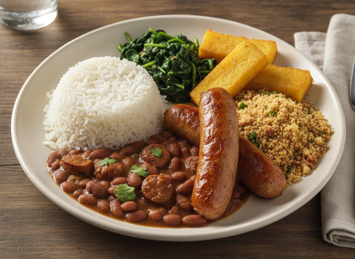 Prato feito brasileiro com linguiça, arroz, feijão, farofa, espinafre e polenta photo