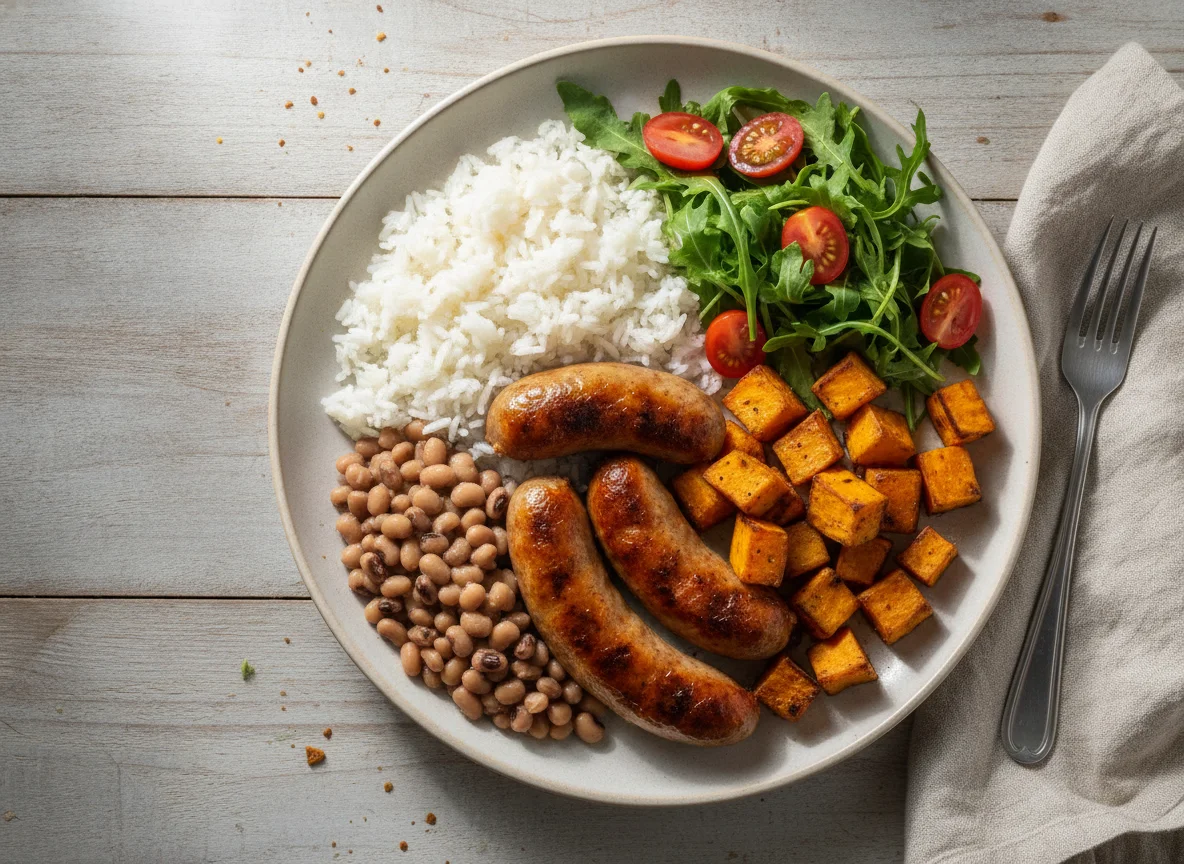 Prato Feito Brasileiro com Linguiça, Arroz, Feijão Fradinho e Batata Doce photo
