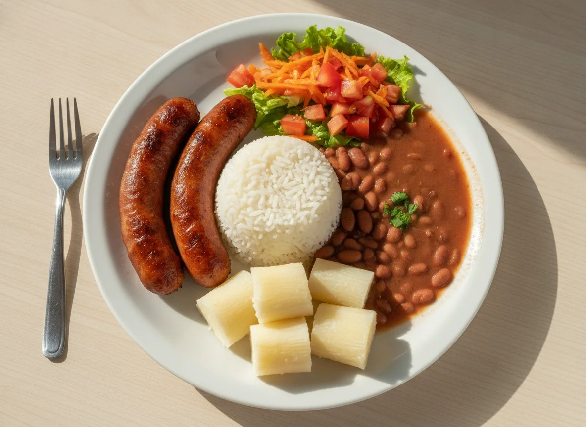 Prato Feito Brasileiro com Linguiça, Arroz, Feijão, Mandioca e Salada photo