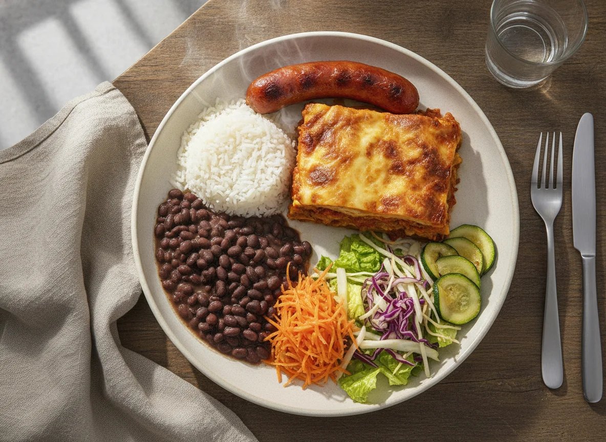 Prato Feito Brasileiro com Linguiça e Lasanha photo