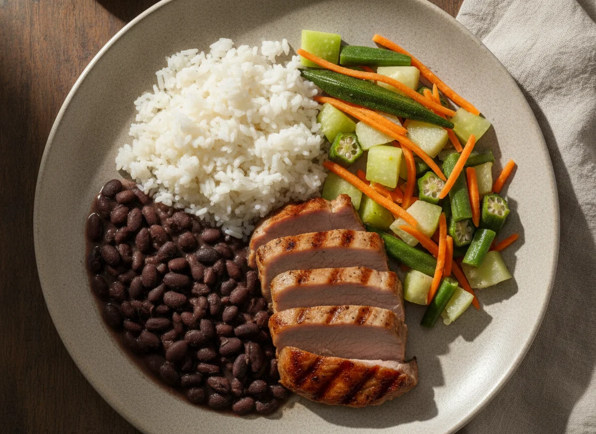 Prato Feito Brasileiro com Lombo, Arroz, Feijão e Salada photo