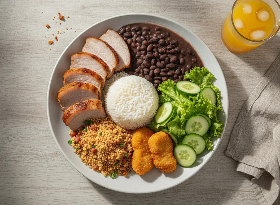 Prato Feito Brasileiro com Lombo, Arroz, Feijão, Farofa e Salada photo