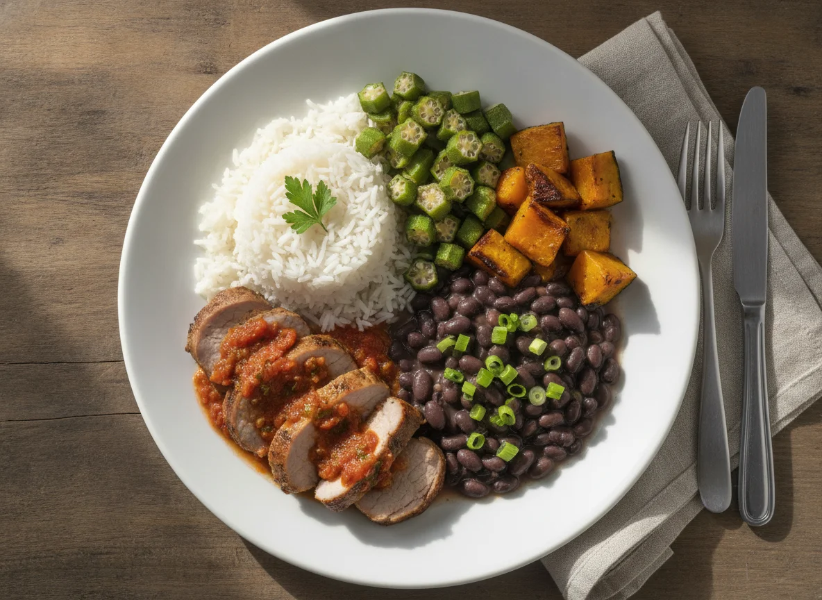 Prato Feito Brasileiro com Lombo, Arroz, Feijão, Quiabo e Abóbora photo