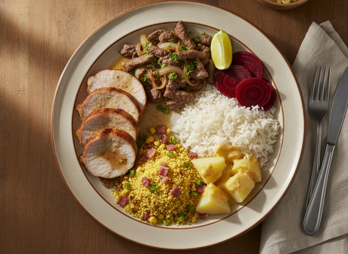 Prato Feito Brasileiro com Lombo, Carne Acebolada e Farofa photo