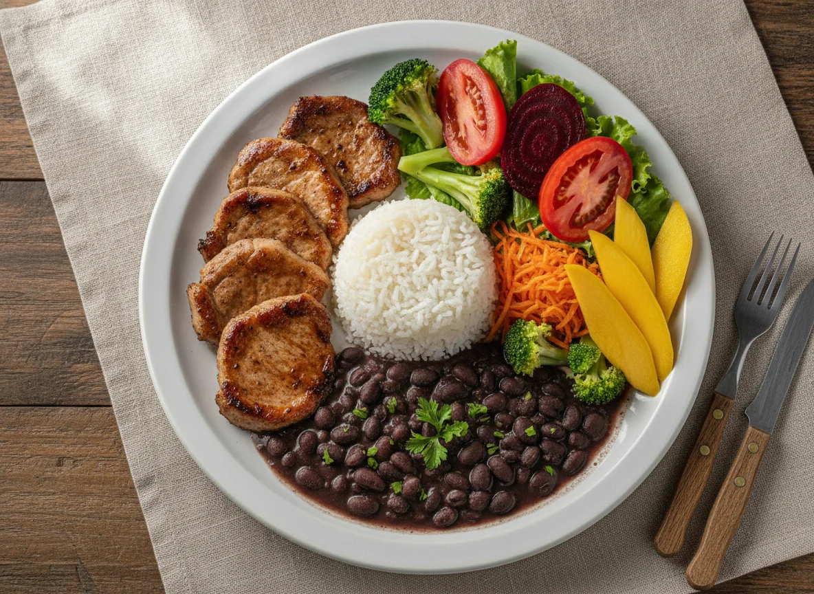 Prato Feito Brasileiro com Lombo de Porco, Arroz, Feijão e Salada photo