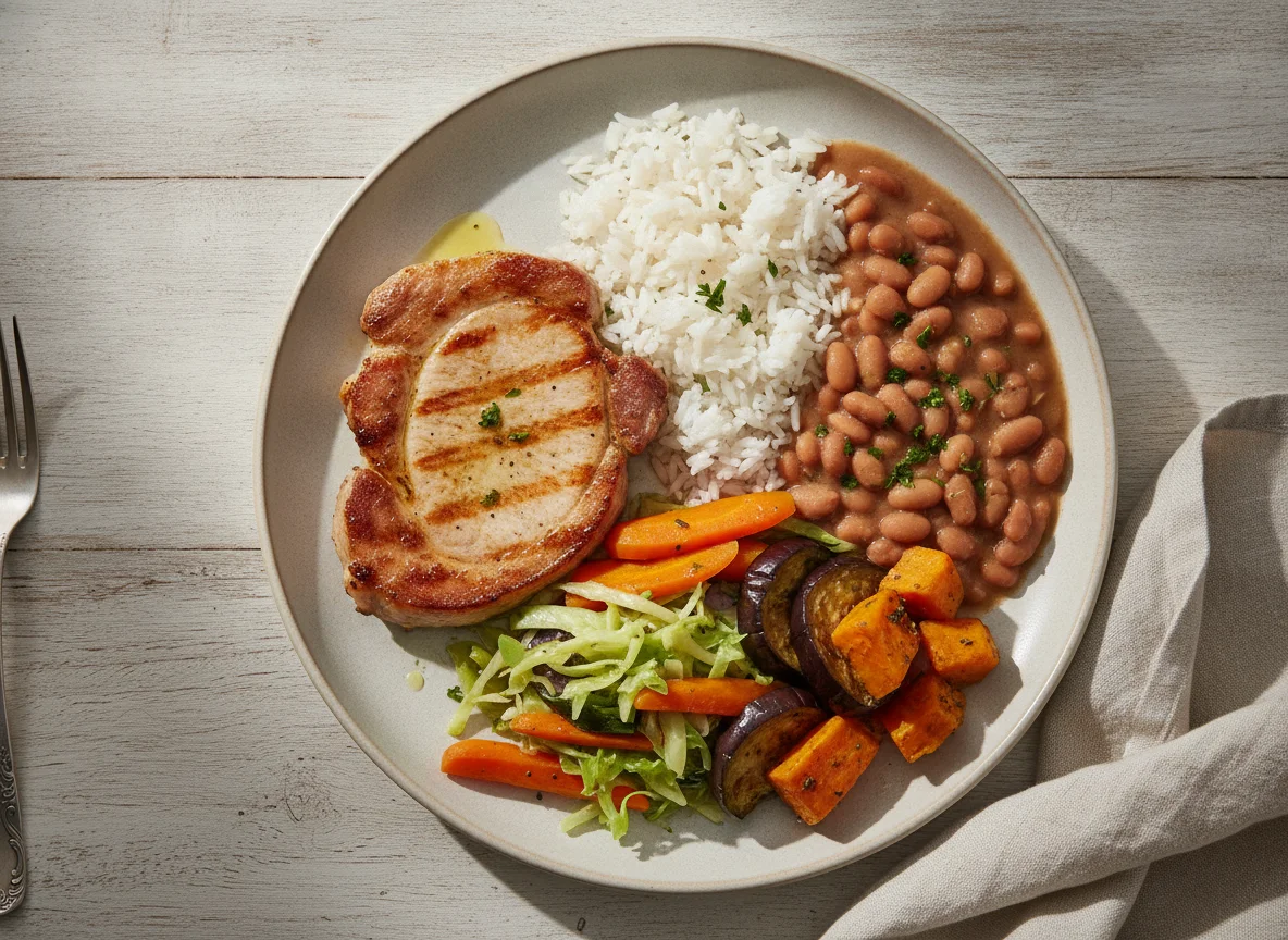 Prato feito brasileiro com lombo de porco, arroz, feijão e legumes photo