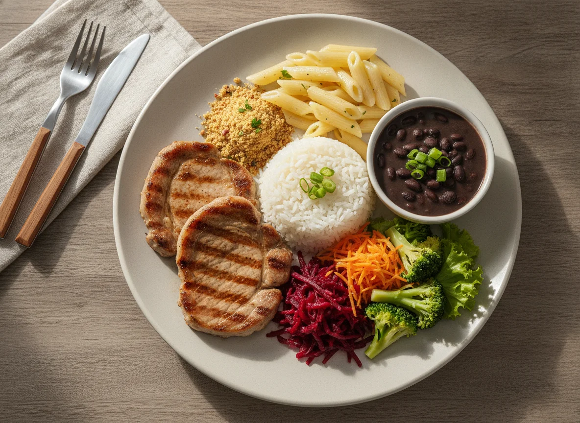 Prato Feito Brasileiro com Lombo, Macarrão e Salada photo