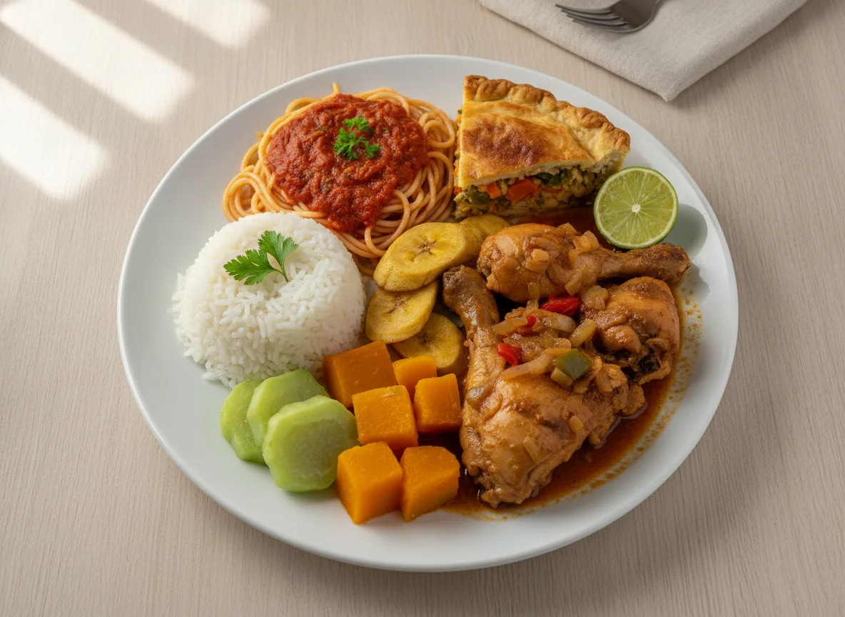 Prato Feito Brasileiro com Macarrão, Arroz, Banana e Torta photo