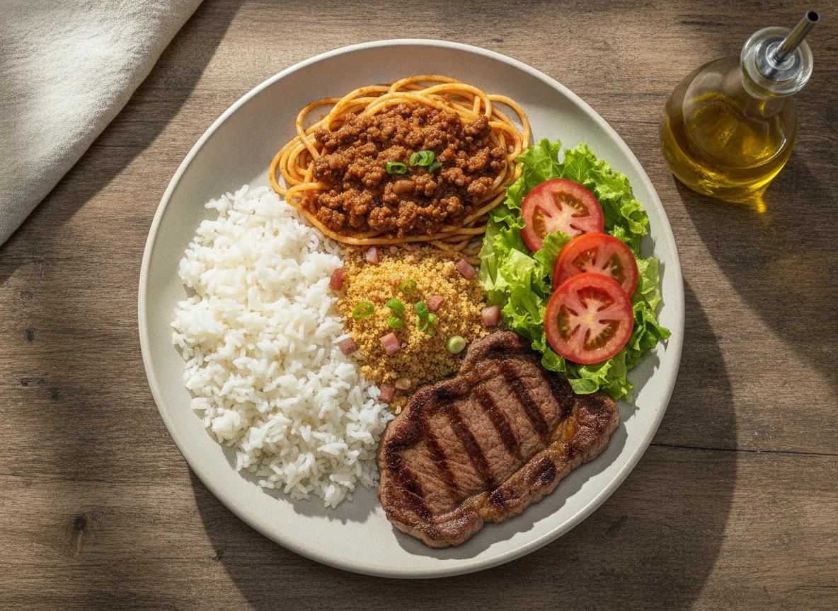 Prato Feito Brasileiro com Macarrão, Arroz, Farofa e Carne photo