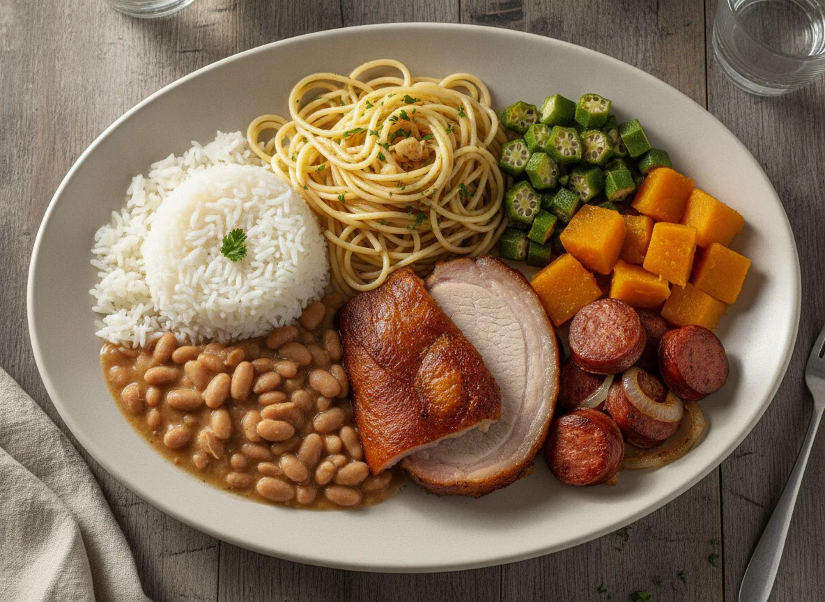 Prato Feito Brasileiro com Macarrão, Arroz, Feijão e Carnes photo