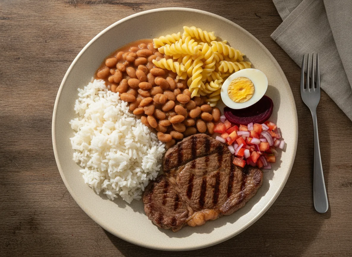 Prato Feito Brasileiro com Macarrão, Arroz, Feijão e Carne photo