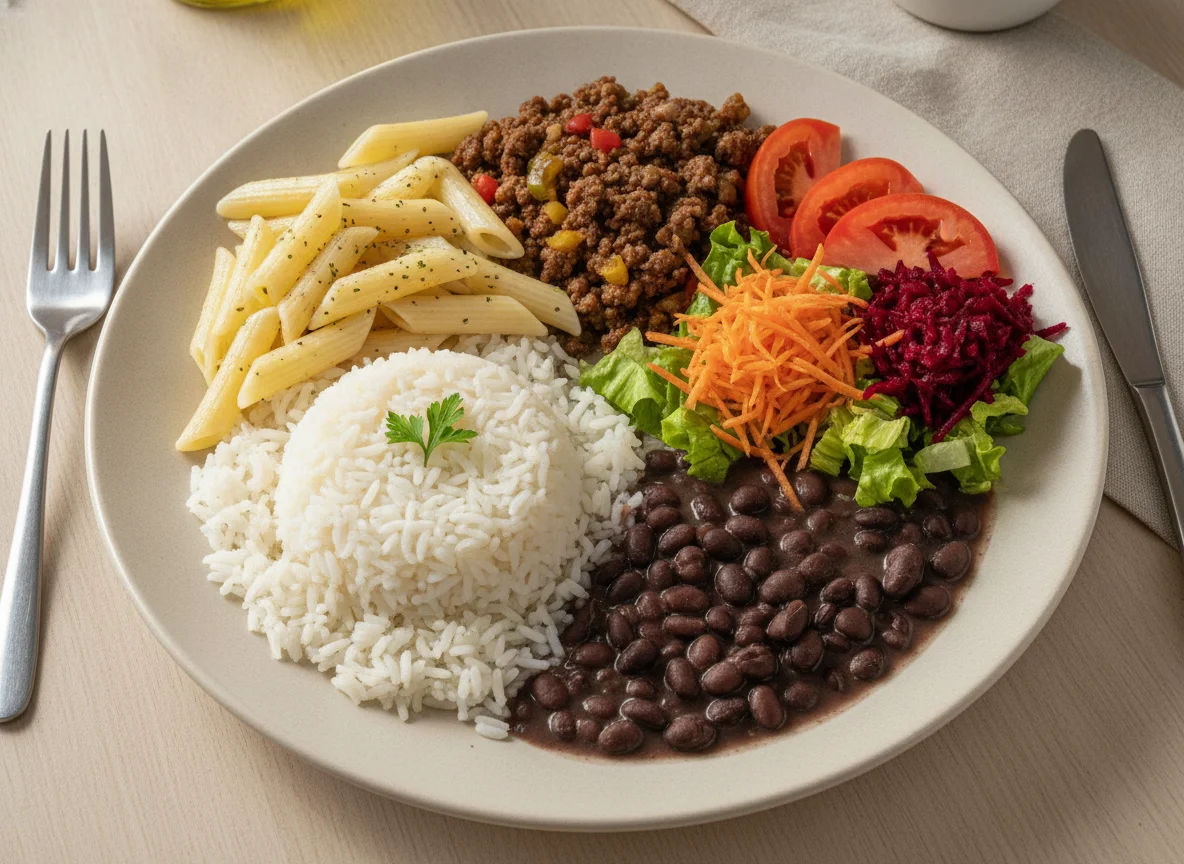Prato Feito Brasileiro com Macarrão, Arroz, Feijão e Carne Moída photo