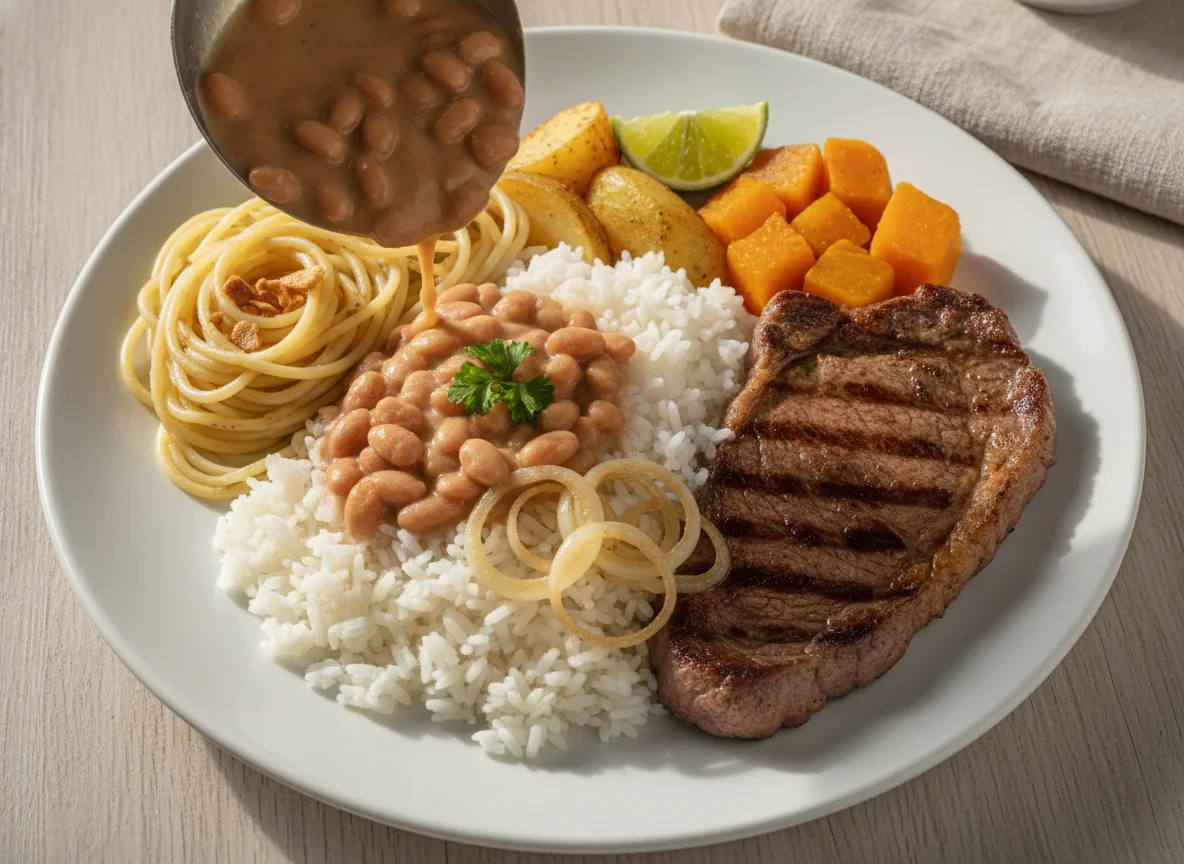 Prato Feito Brasileiro com Macarrão, Arroz, Feijão e Proteína photo