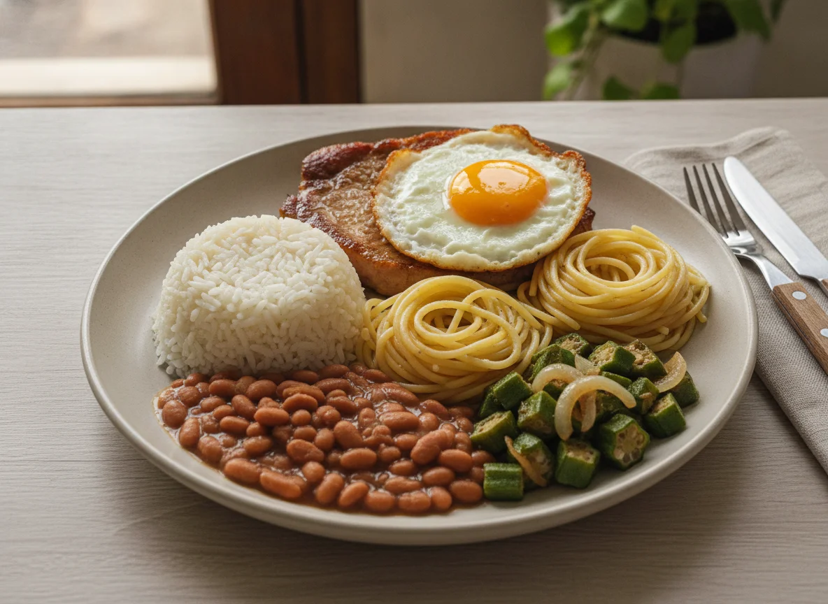 Prato Feito Brasileiro com Macarrão, Arroz, Feijão, Quiabo e Carne photo