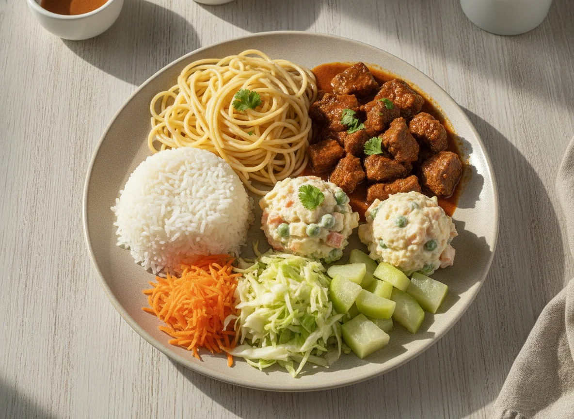 Prato Feito Brasileiro com Macarrão, Carne e Saladas photo
