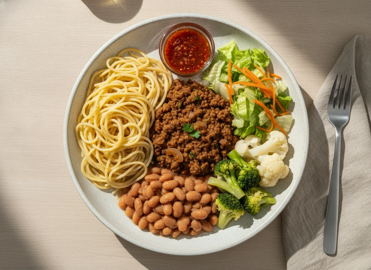 Prato Feito Brasileiro com Macarrão, Carne Moída e Feijão photo