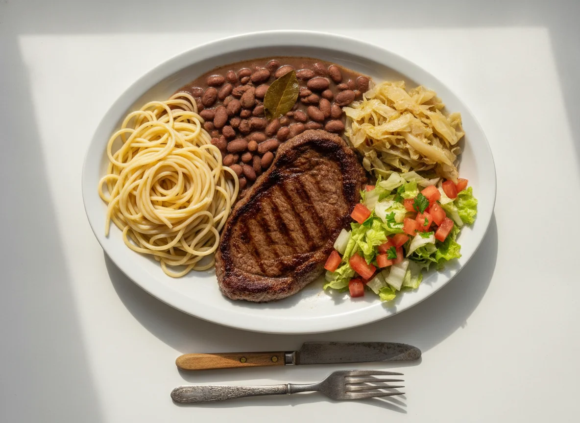 Prato feito brasileiro com macarrão, feijão, carne e salada photo