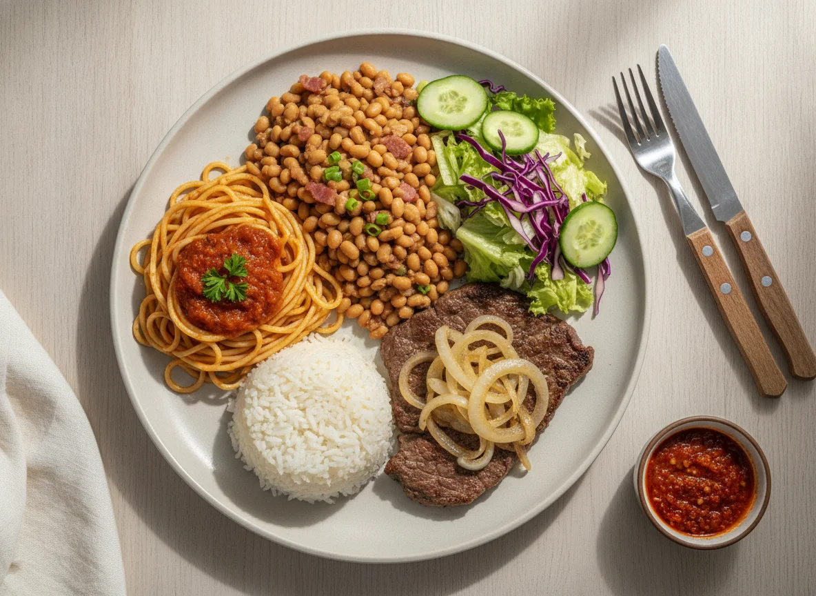 Prato Feito Brasileiro com Macarrão, Feijão Fradinho e Carne photo