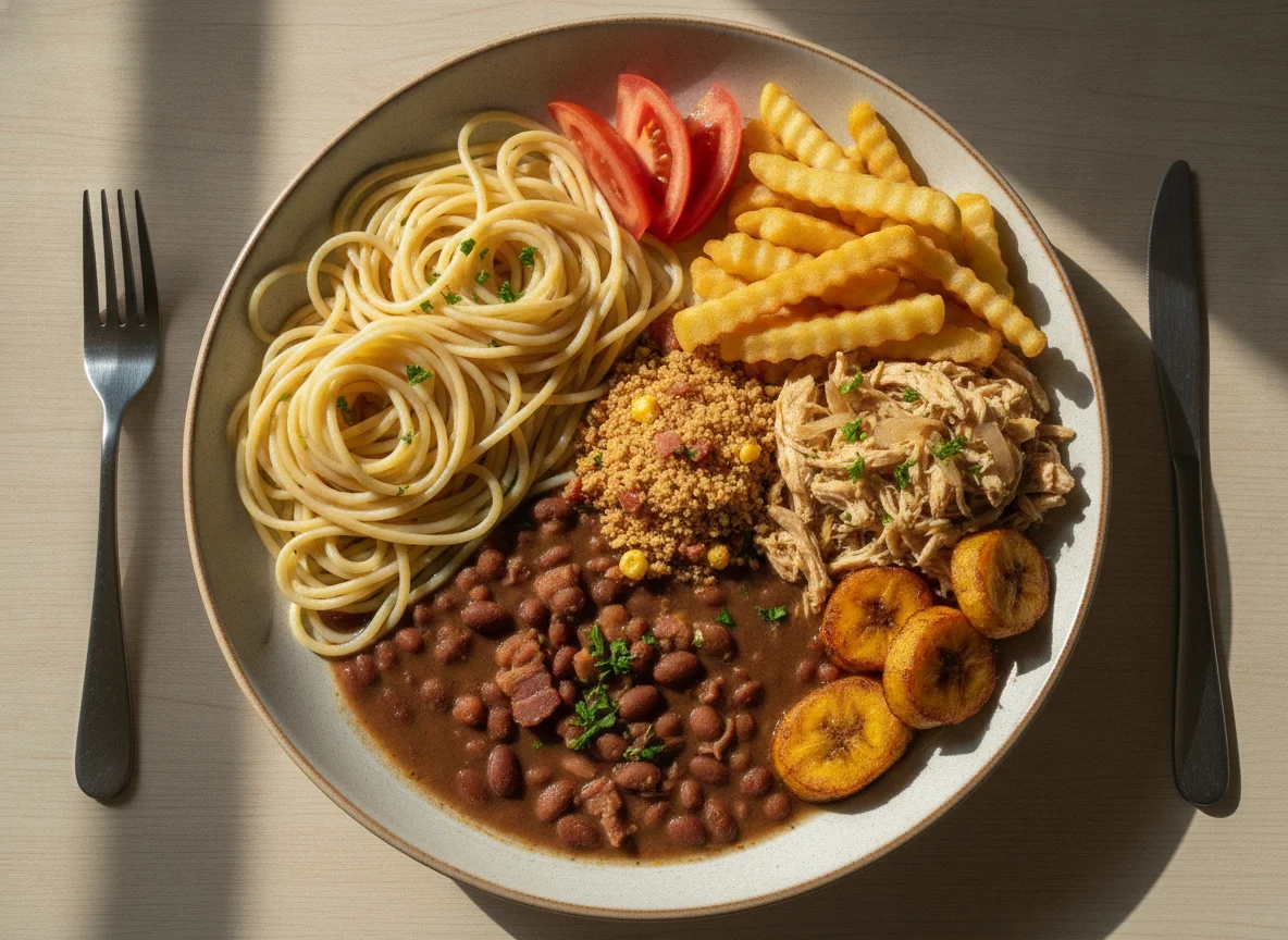 Prato Feito Brasileiro com Macarrão, Feijão, Frango Desfiado e Acompanhamentos photo