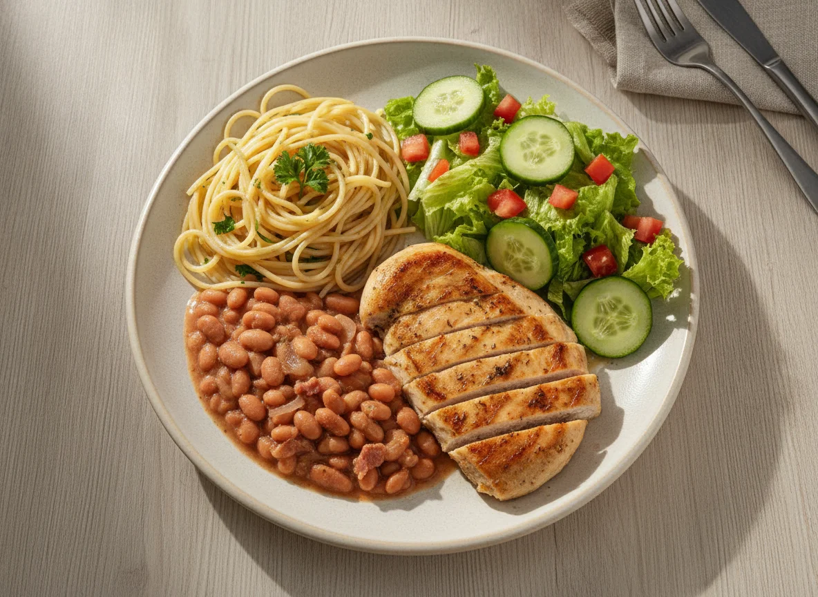 Prato feito brasileiro com macarrão, feijão, frango e salada photo