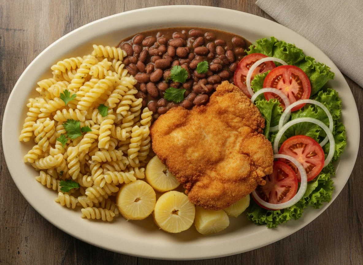 Prato Feito Brasileiro com Macarrão, Feijão, Frango Empanado e Salada photo