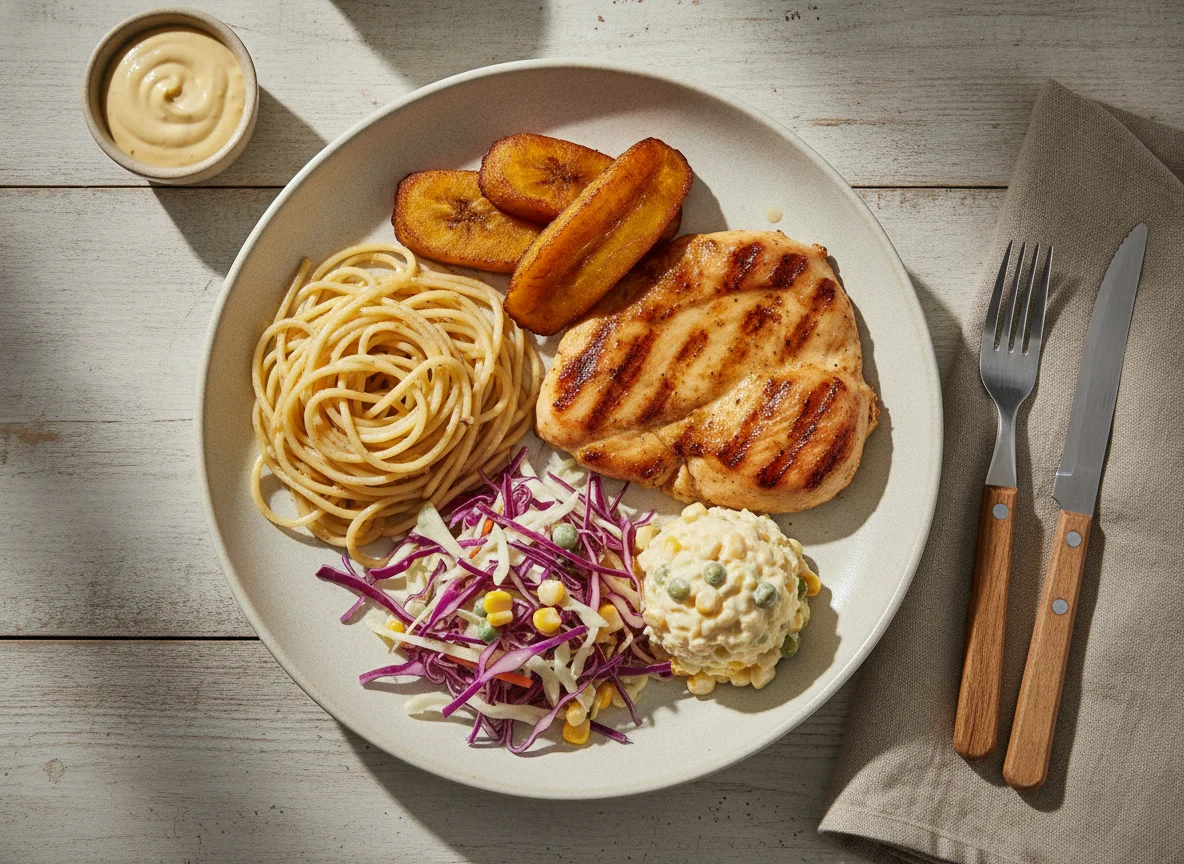 Prato Feito Brasileiro com Macarrão, Frango e Salada photo