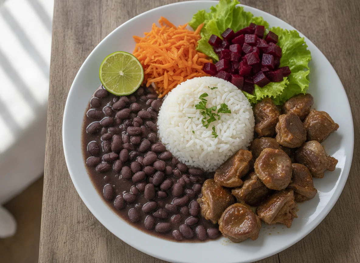 Prato feito brasileiro com moela, arroz, feijão e salada photo
