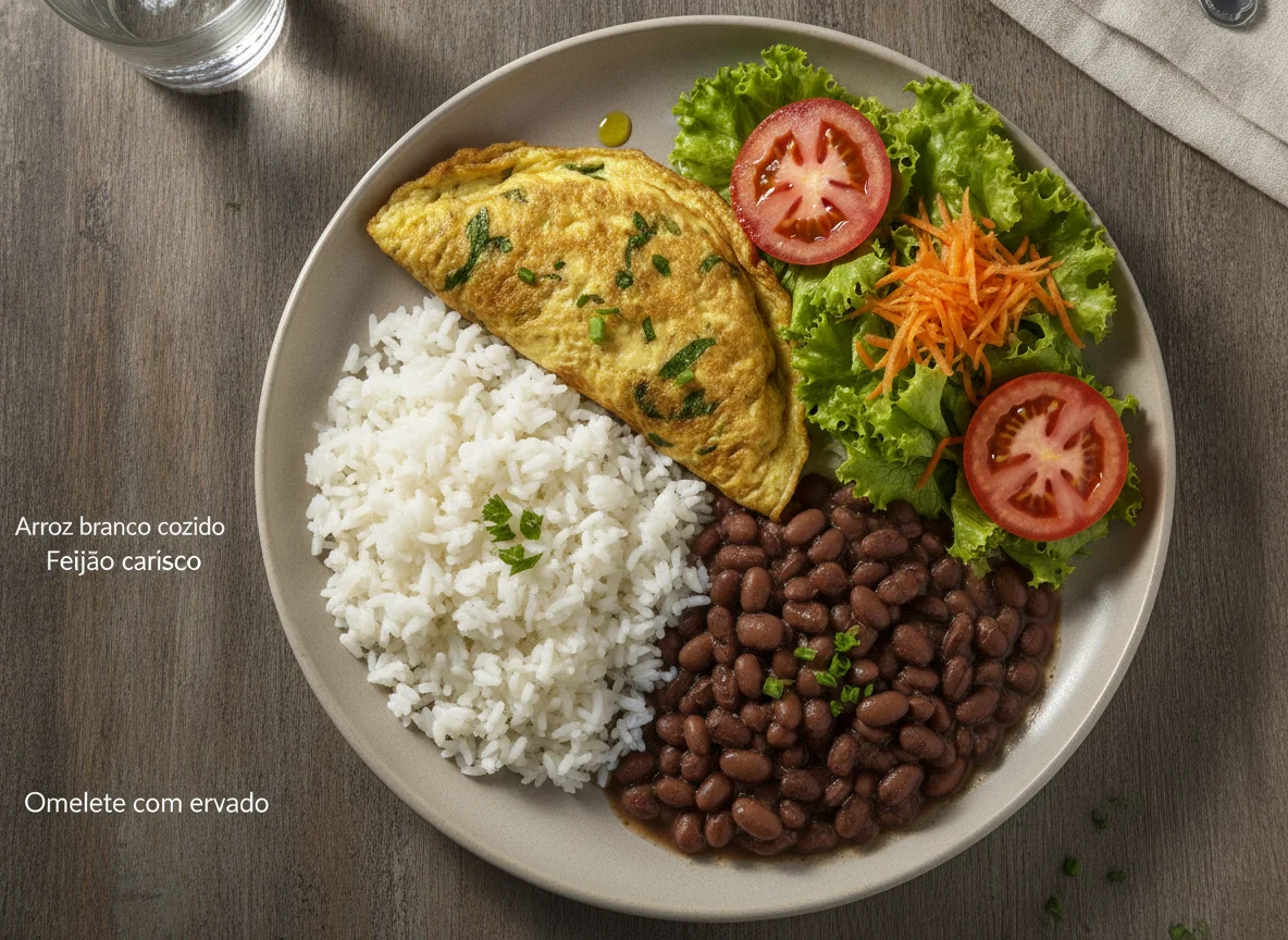 Prato feito brasileiro com omelete, arroz, feijão e salada photo