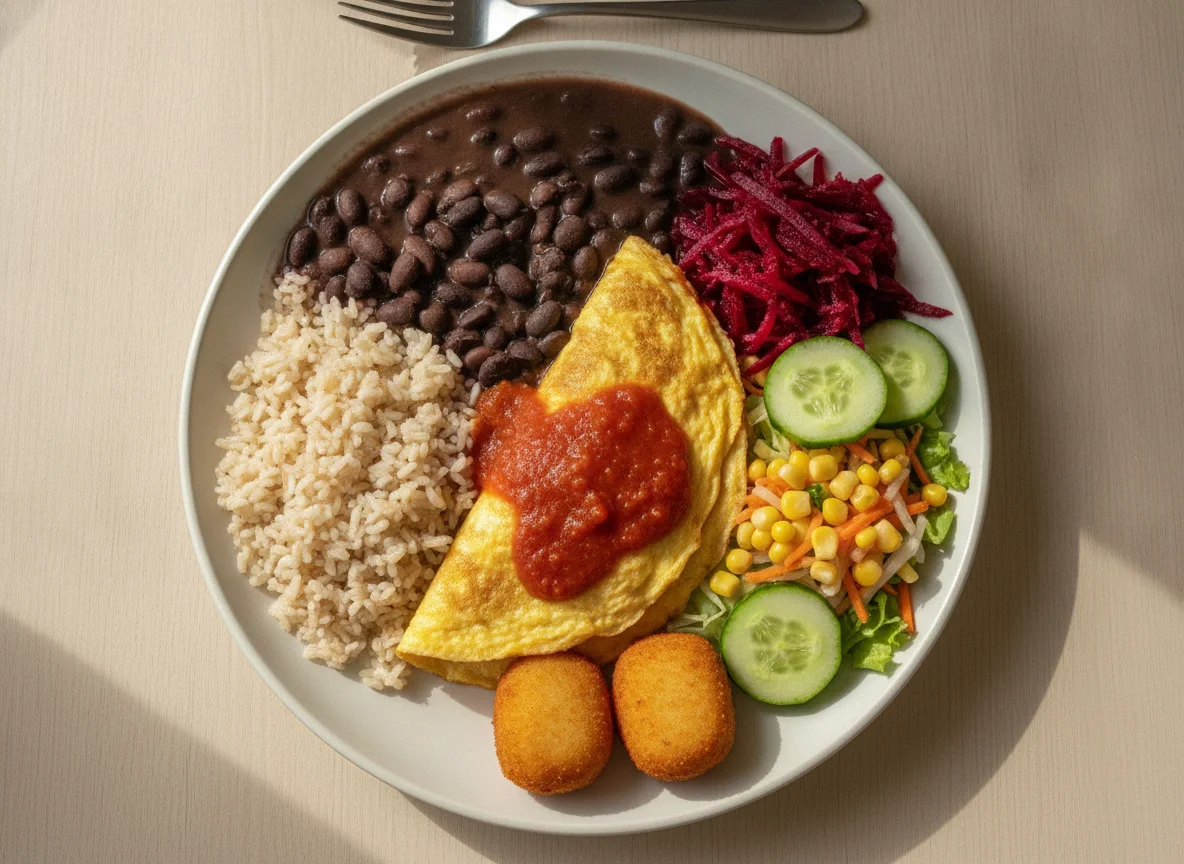 Prato feito brasileiro com omelete, arroz, feijão e saladas photo