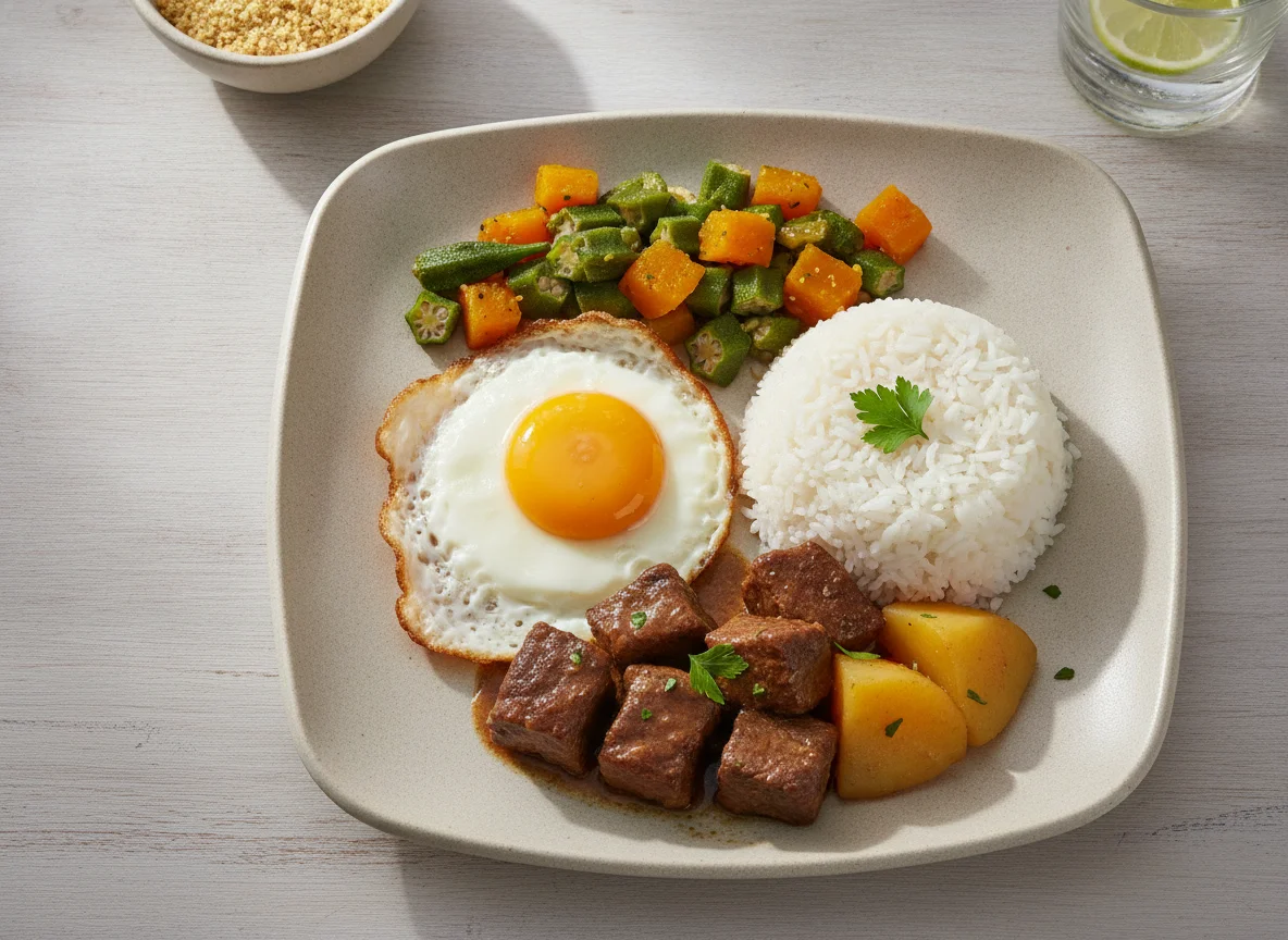 Prato Feito Brasileiro com Ovo, Arroz, Abóbora e Quiabo photo