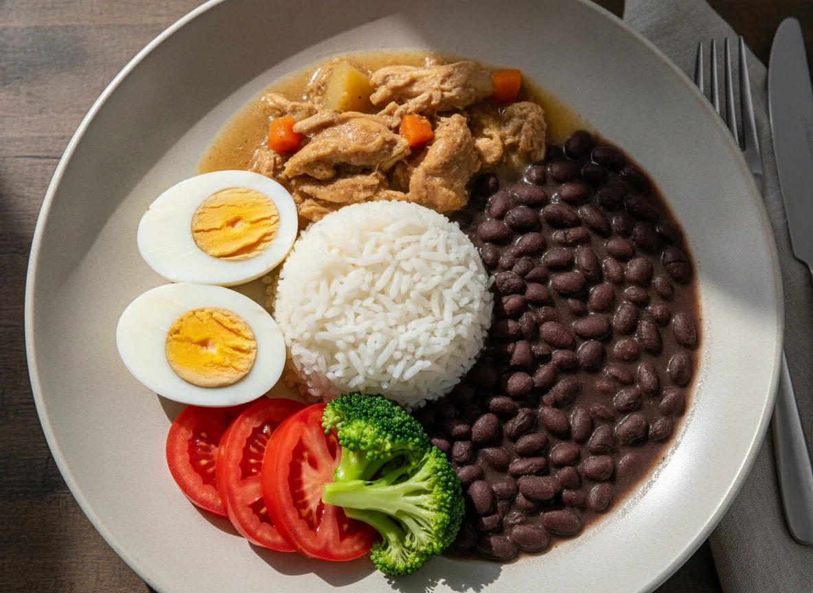 Prato feito brasileiro com ovo, arroz, feijão e vegetais photo