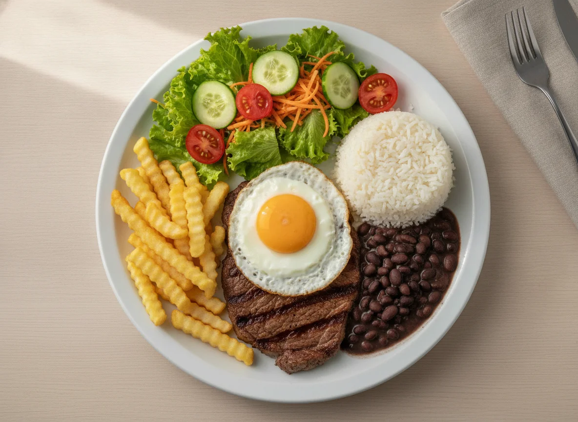 Prato Feito Brasileiro com Ovo, Bife, Batata Frita, Arroz, Feijão e Salada photo