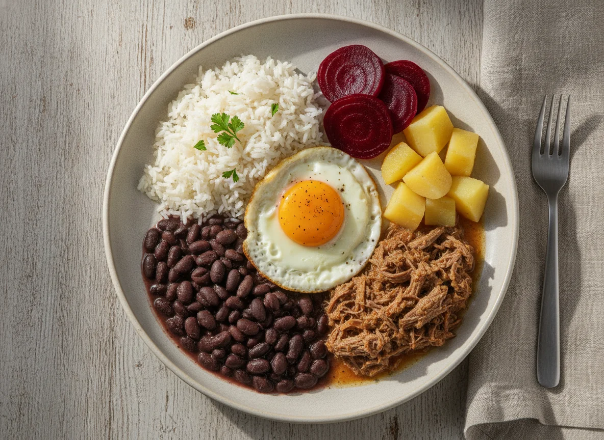 Prato feito brasileiro com ovo, carne, arroz, feijão, batata e beterraba photo