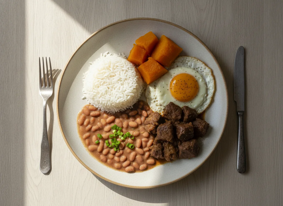 Prato Feito Brasileiro com Ovo, Carne, Arroz, Feijão e Abóbora photo