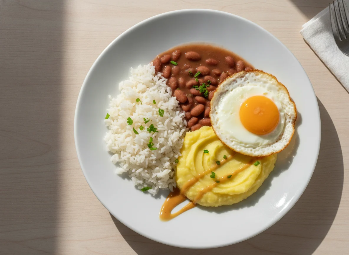 Prato Feito Brasileiro com Ovo Frito, Arroz, Feijão e Purê de Batata photo