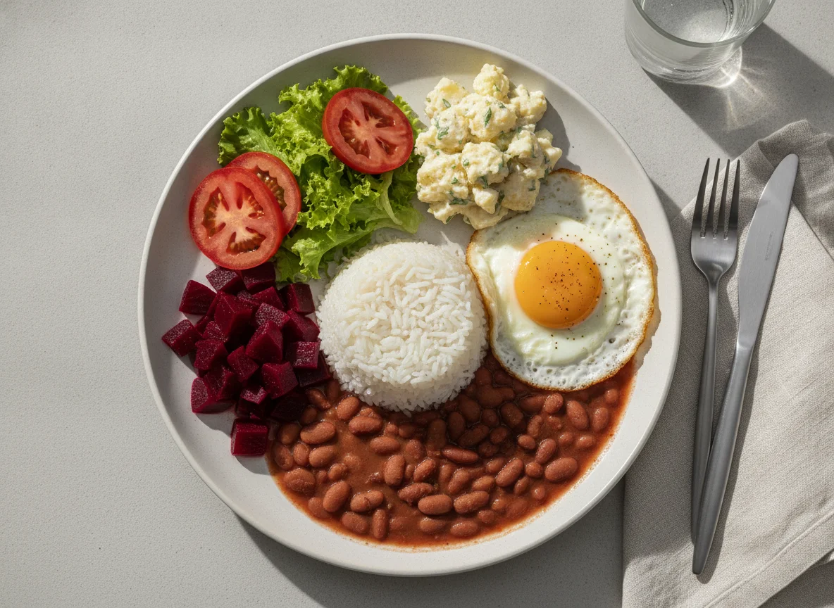 Prato feito brasileiro com ovo frito, arroz, feijão e saladas photo