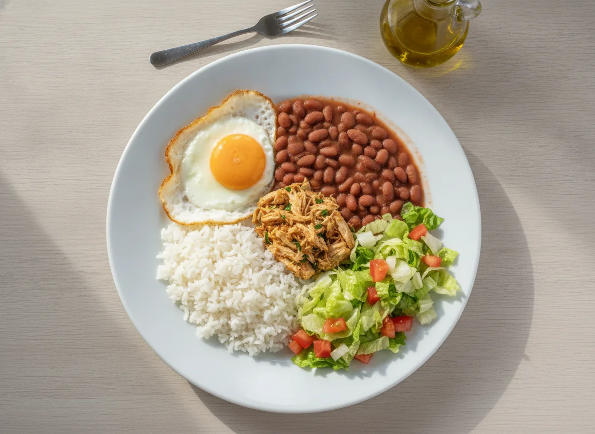 Prato feito brasileiro com ovo frito, arroz, feijão e salada photo