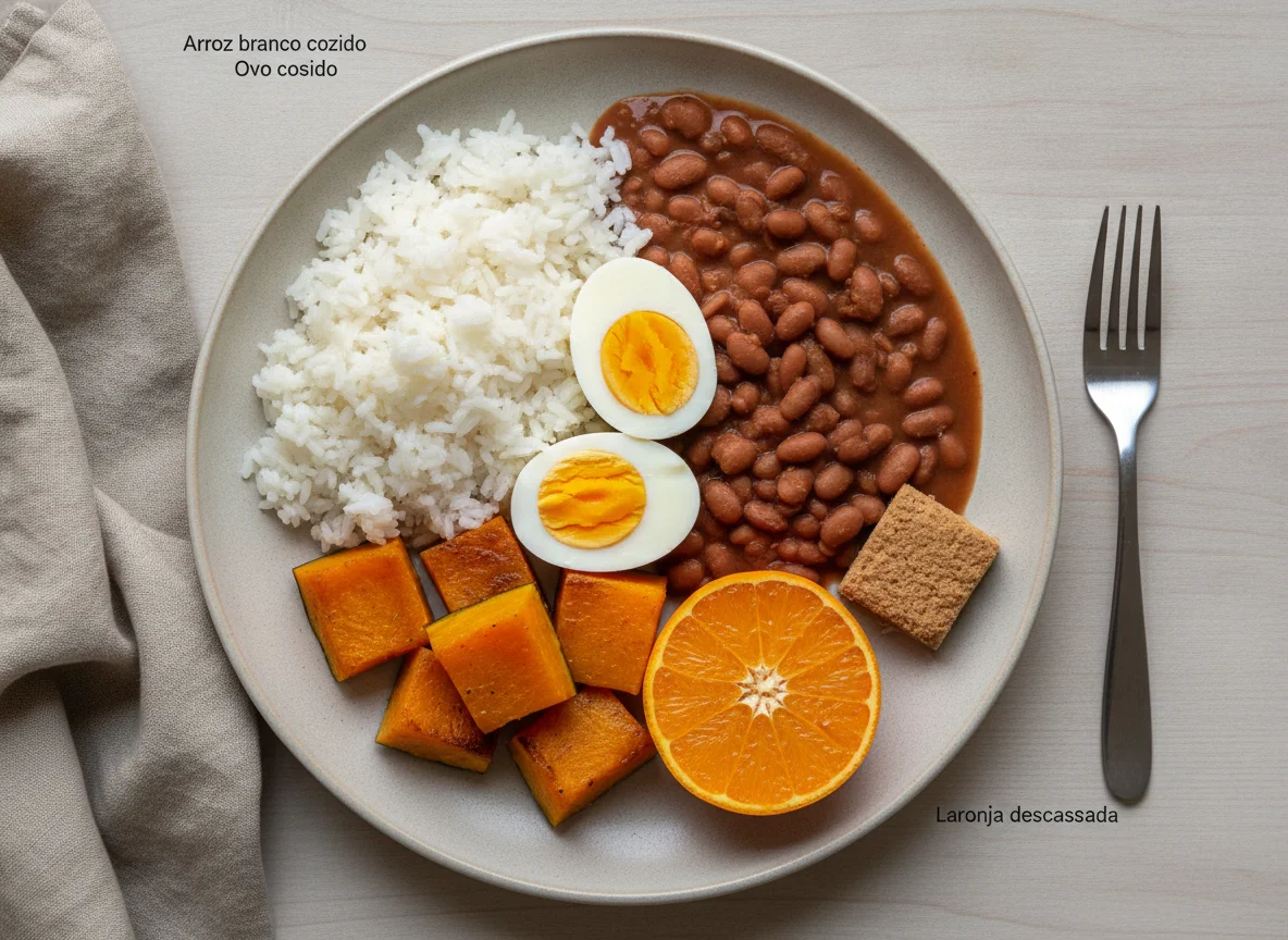 Prato feito brasileiro com ovos, arroz, feijão, abóbora e fruta photo