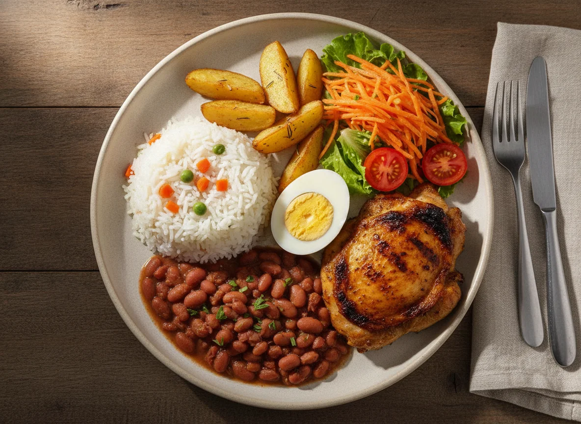 Prato feito brasileiro com ovos, arroz, feijão e salada photo