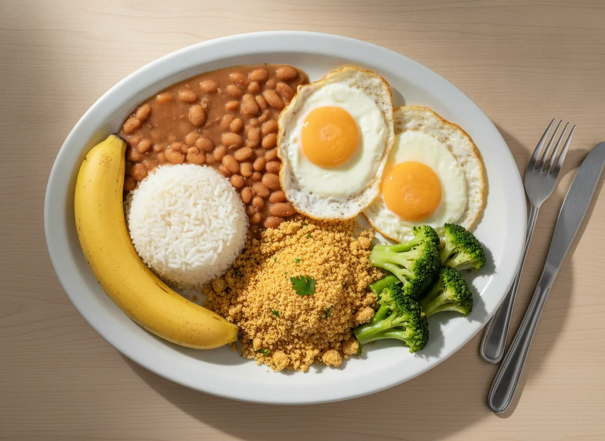 Prato feito brasileiro com ovos, arroz, feijão, farofa, brócolis e banana photo