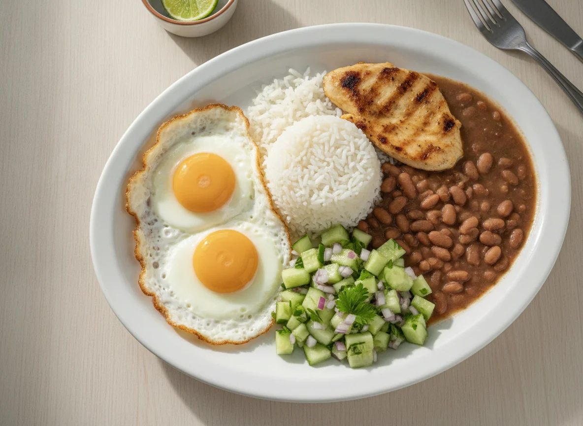 Prato feito brasileiro com ovos fritos, arroz, feijão e salada de pepino photo